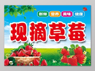 蓝天草地现摘草莓生鲜水果展板